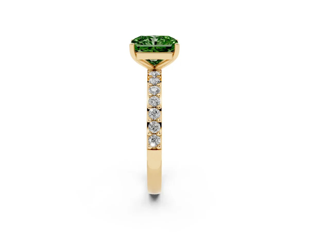 Fancy Green Radiant Cut Cut Diamond Solitaire with Pave Band and Four-Prong Setting Yellow gold