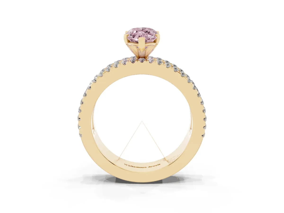 Fancy Pink Marquise Cut Diamond Solitaire Ring with Pavé and Channel Set Band Yellow gold
