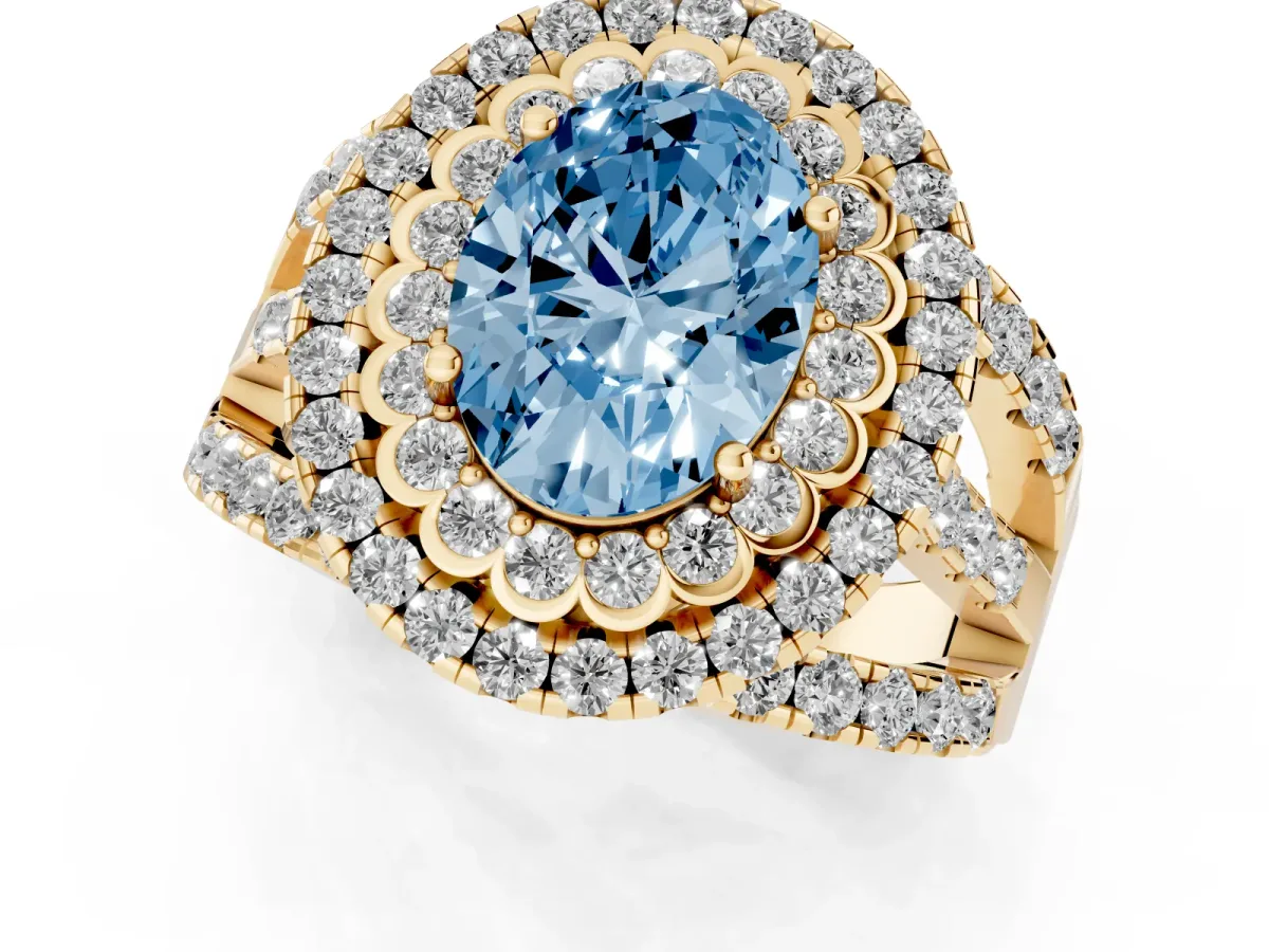 Fancy Blue Oval Cut Diamond Double Halo Ring with Round Pavé Split Shank and Prong Setting Yellow gold