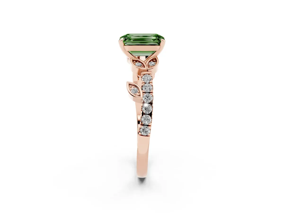 Fancy Green Emerald Cut Solitaire Leaf-Inspired Diamond Ring with Pavé Band and Four-Prong Setting Rose gold