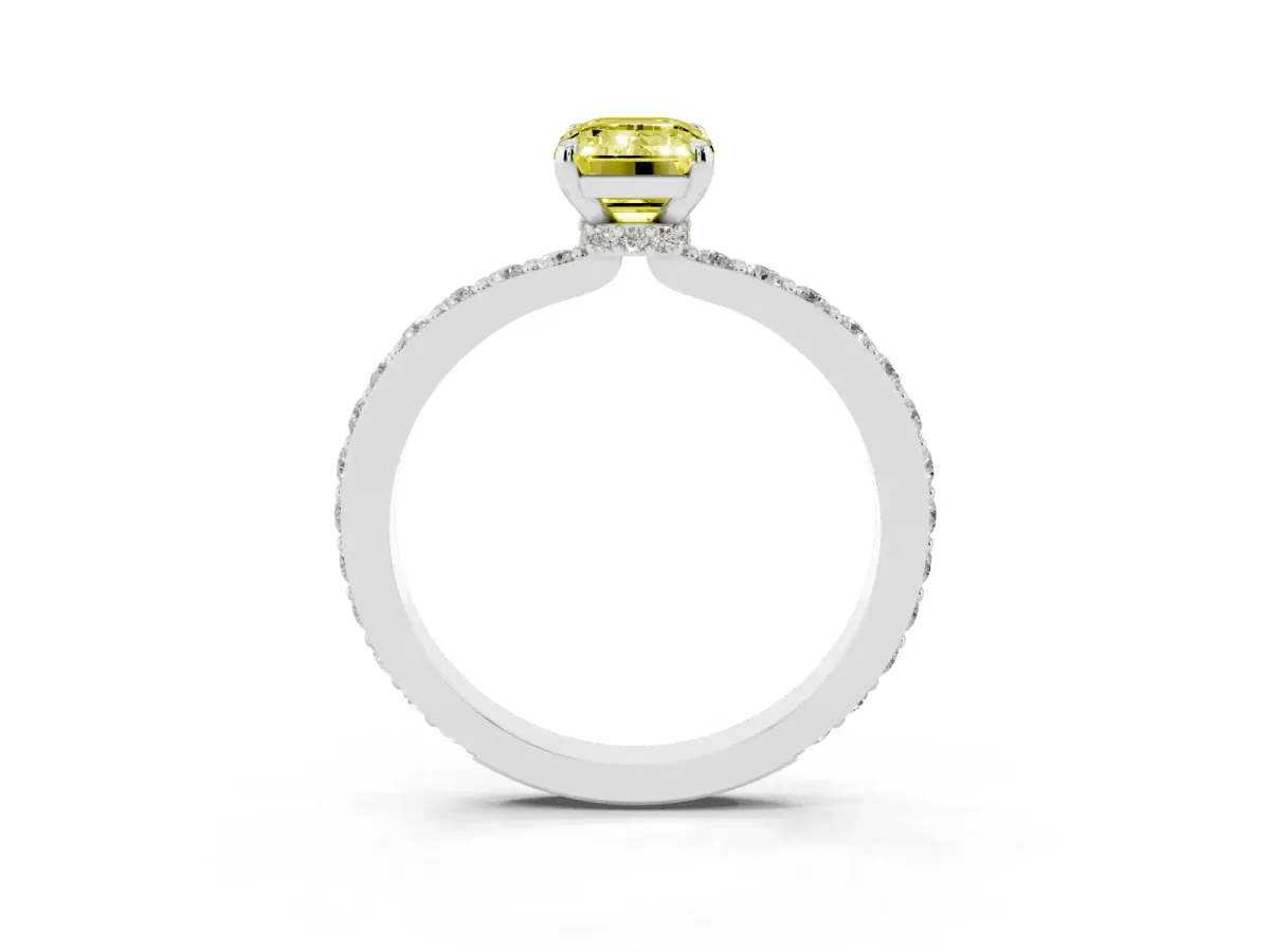 Fancy Yellow Emerald Cut Diamond Solitaire Engagement Ring with Pavé Band and Four-Prong Setting Silver