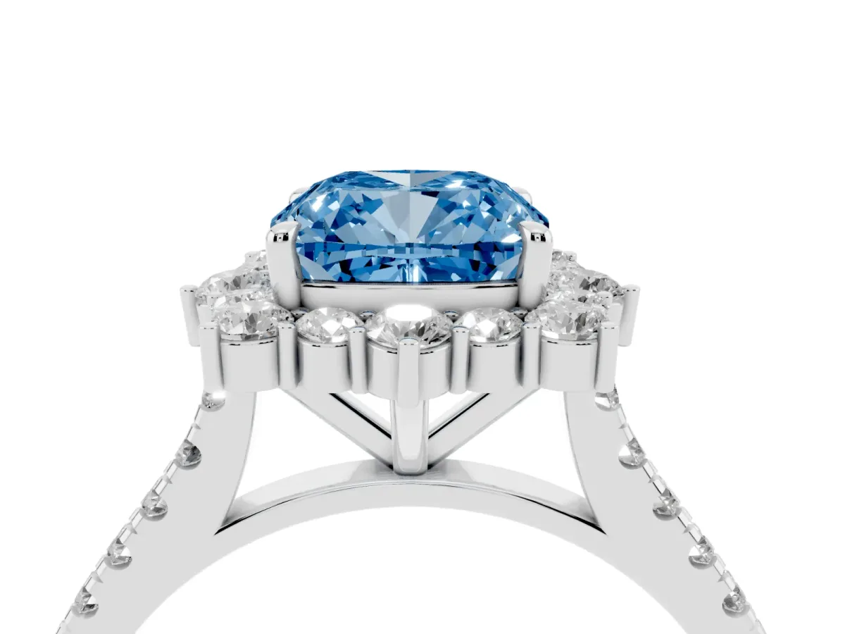 Fancy Blue Cushion Cut Halo Diamond Ring with Pavé Band and Prong Setting White gold