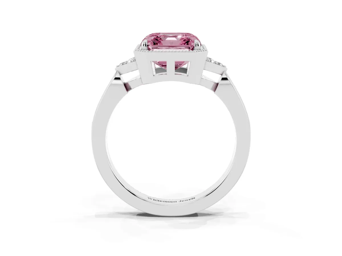 Fancy Pink Hexagonal Halo Asscher Cut Diamond Solitaire with Pavé Band and Four-Prong Setting Silver