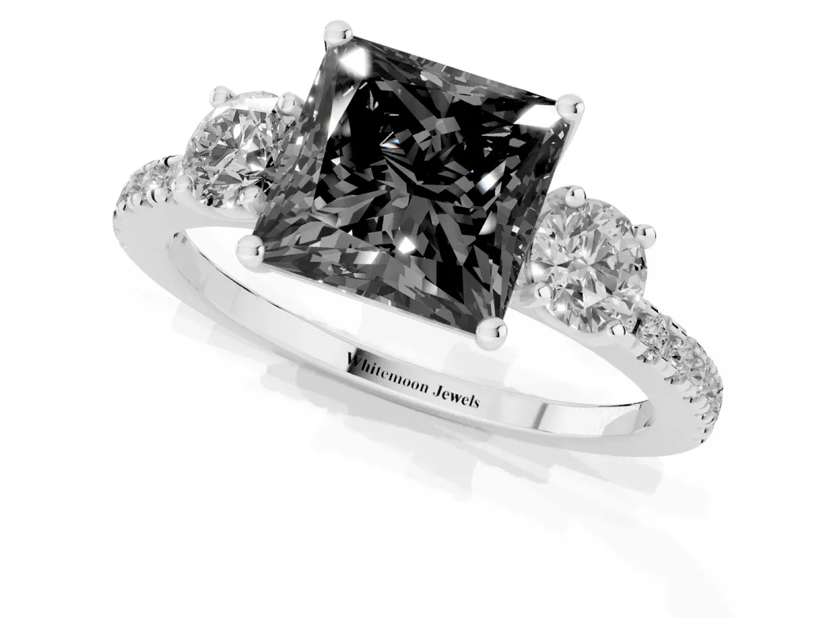 Fancy Black Three-Stone Princess Cut Cut Diamond Pavé Band with Prong Setting Silver