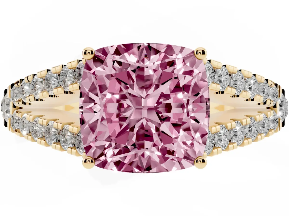 Fancy Pink Cushion Cut Diamond Split Shank Pavé Engagement Ring with Four-Prong Setting Yellow gold