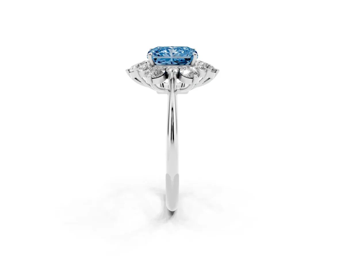 Fancy Blue Radiant Cut Diamond Cluster Halo Ring with Solitaire Band and Four-Prong Setting White gold