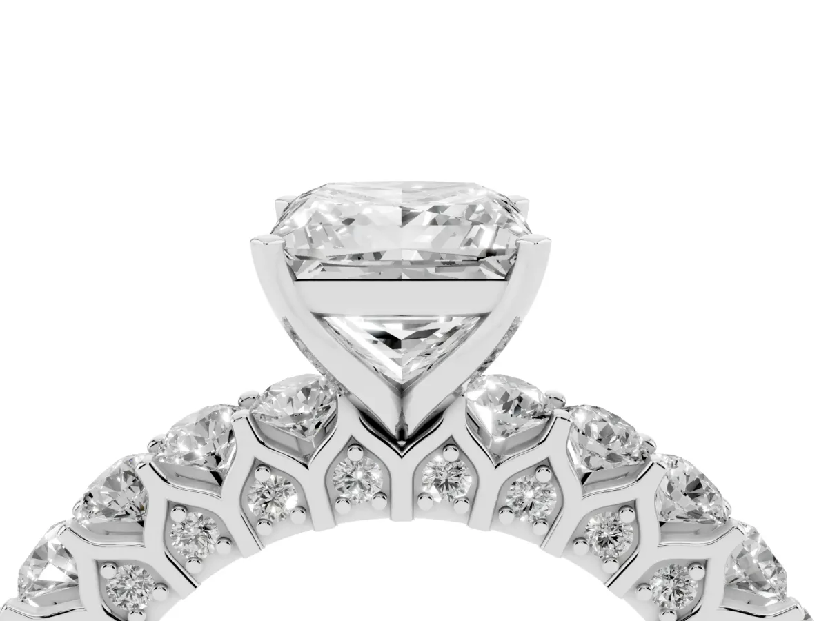 Princess Cut Diamond Solitaire Ring with Shared Prong Pavé Band and Four-Prong Setting Platinum