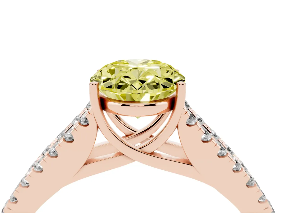 Fancy Yellow Oval Cut Diamond Split Shank Pavé Engagement Ring with Four-Prong Setting Rose gold