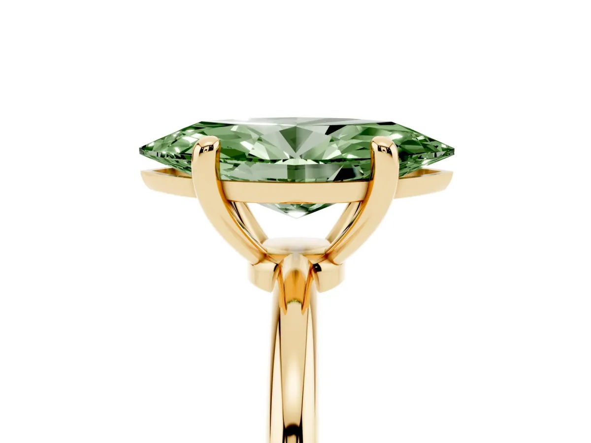 Fancy Green Marquise Cut Solitaire Diamond Ring with 4-Prong Setting on a Classic Band Yellow gold