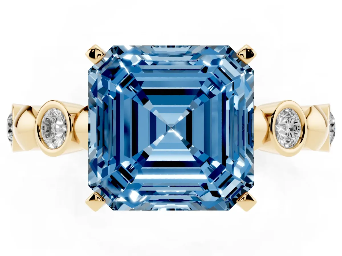 Fancy Blue Asscher Cut Solitaire Bezel-Set Diamond Ring with Beaded Band and Four-Prong Setting Yellow gold