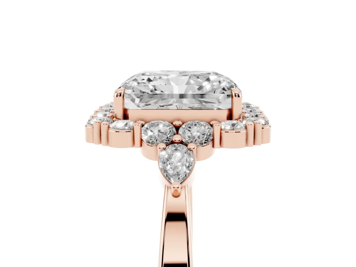 Radiant Cut Diamond Halo Ring with Pear Side Stones and Prong Setting Rose gold