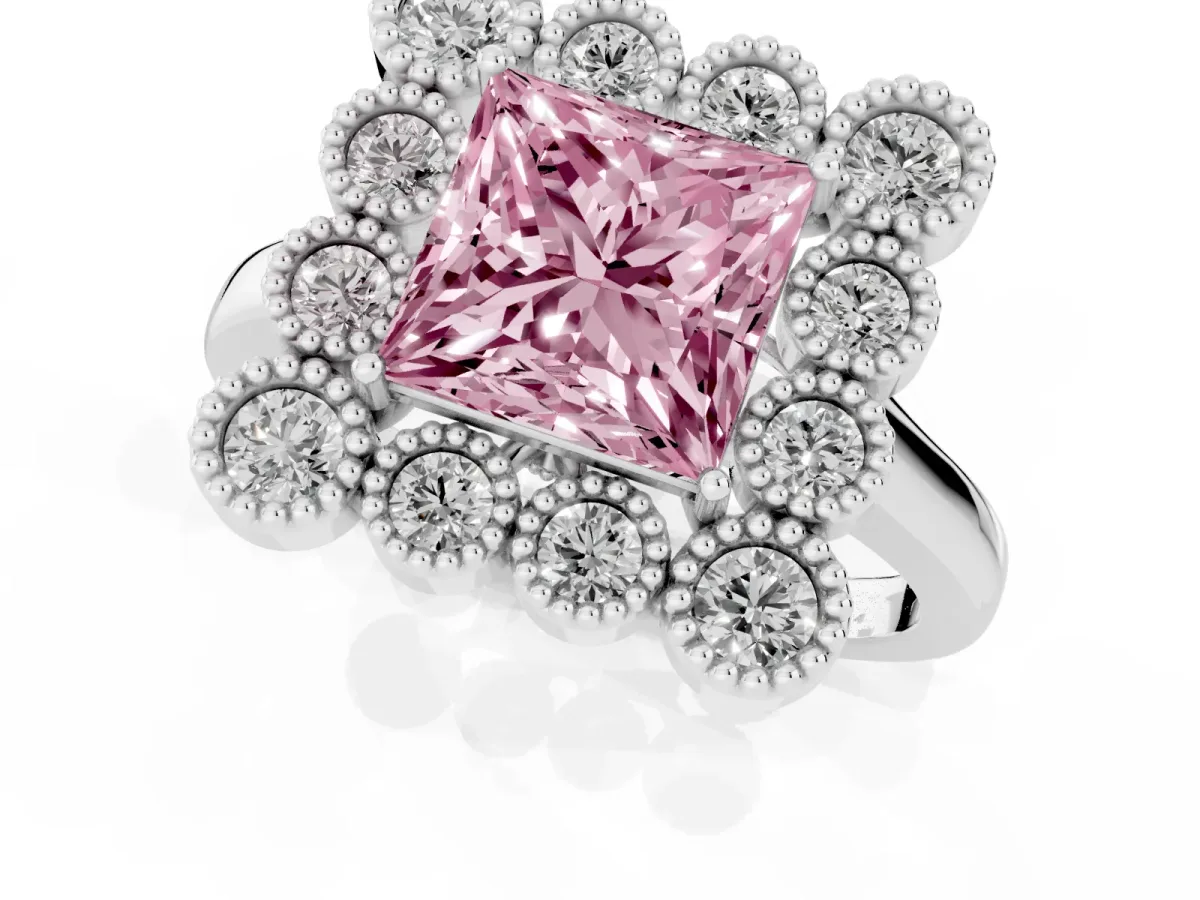 Fancy Pink Princess Cut Halo Diamond Cluster Engagement Ring with Milgrain Bezel Setting and Solitaire Band Platinum