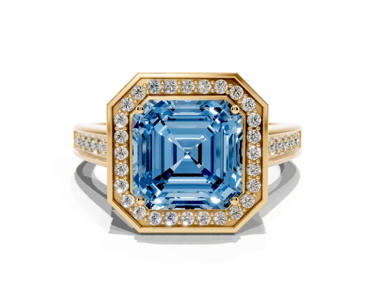 Fancy Blue Asscher Cut Halo Solitaire Diamond Ring with Pave Band and Bezel Setting Yellow gold