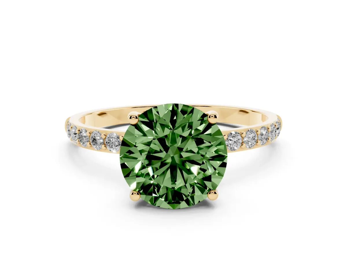 Fancy Green Round Cut Diamond Solitaire Ring with Round Pavé Shoulders and Prong Setting Yellow gold