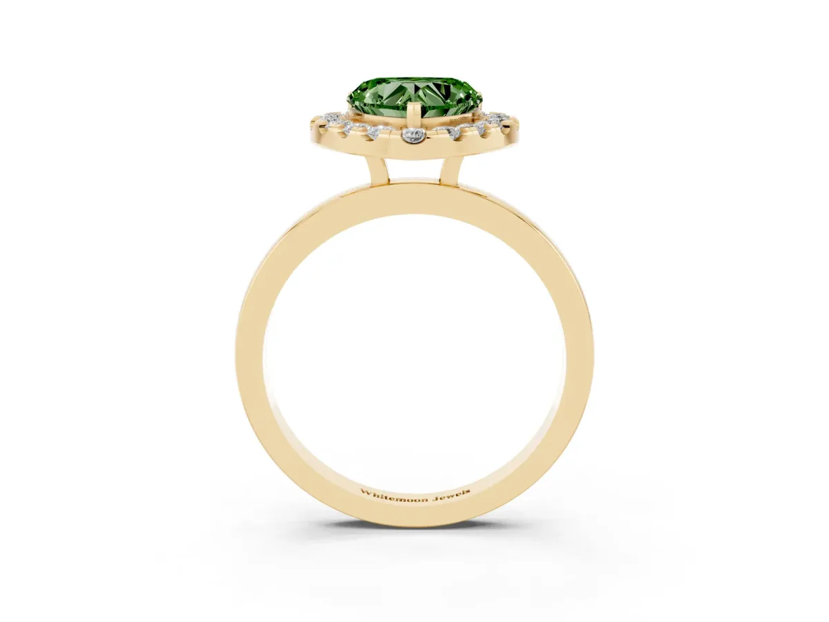 Fancy Green Heart Cut Halo Diamond Solitaire with Pavé Band and Four-Prong Setting Yellow gold