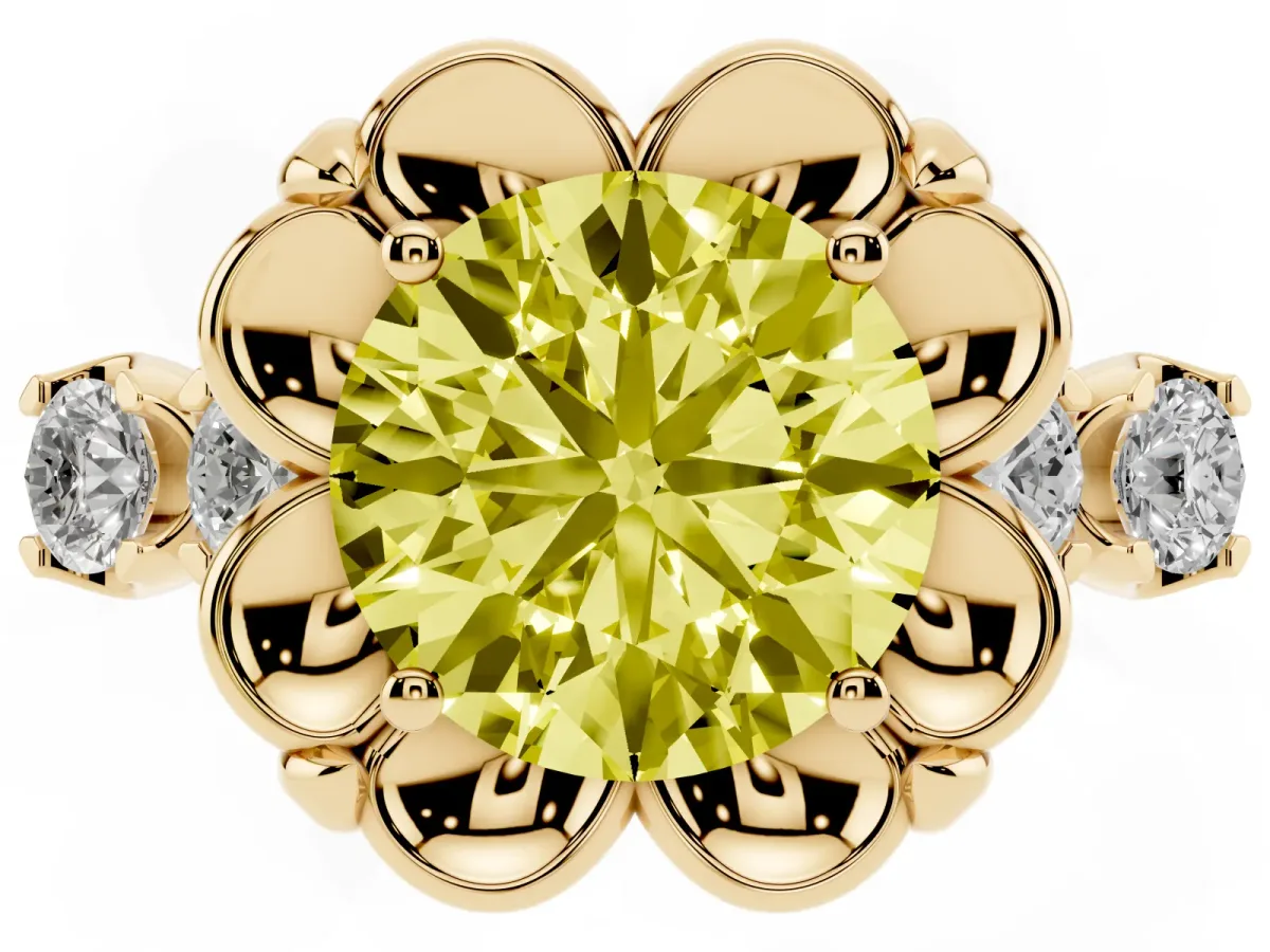 Fancy Yellow Round Cut Cut Diamond Floral Halo Engagement Ring with Shared Prong Setting Yellow gold