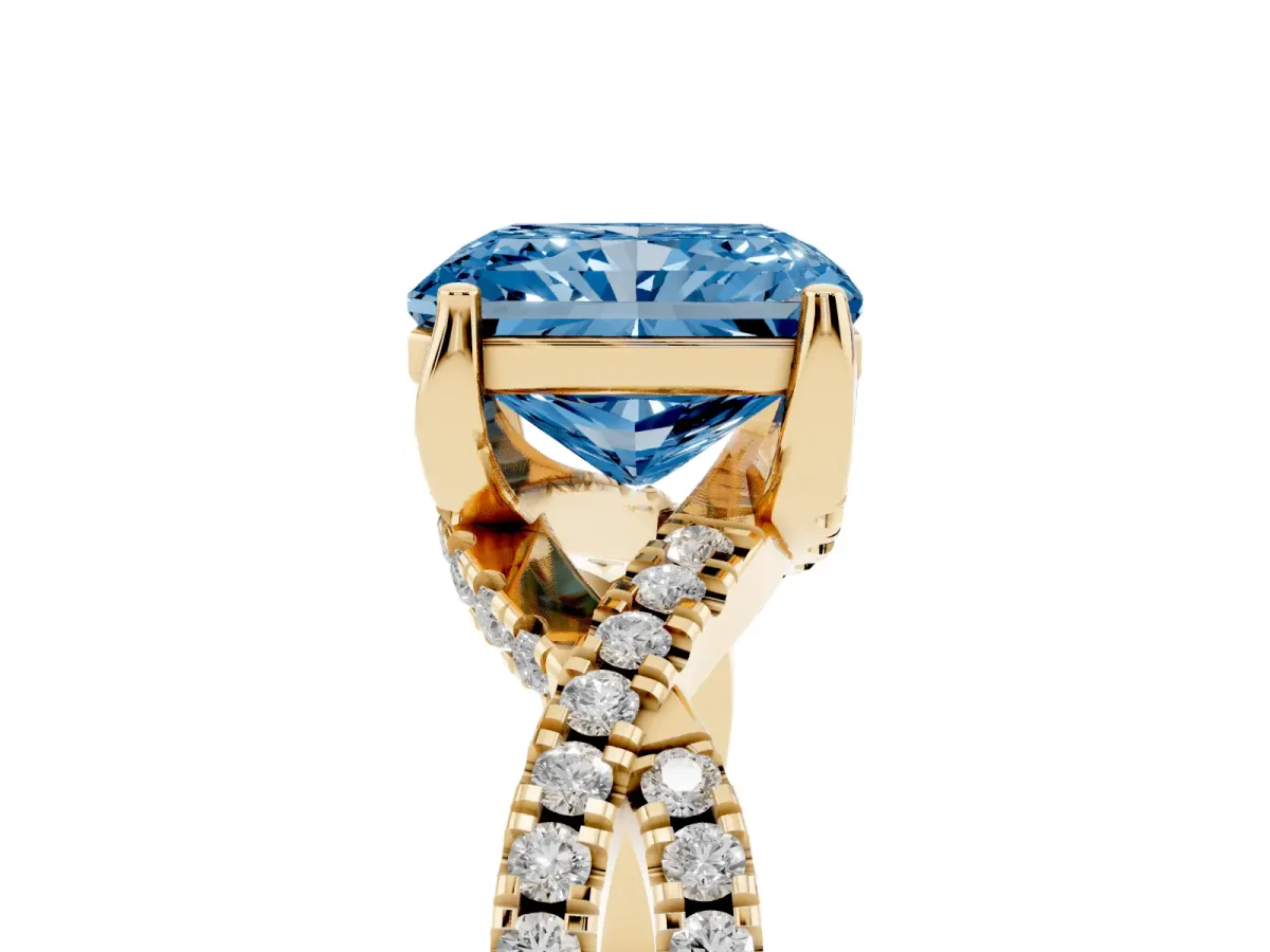 Fancy Blue Radiant Cut Solitaire Twist Pave Diamond Engagement Ring with Prong Setting Yellow gold