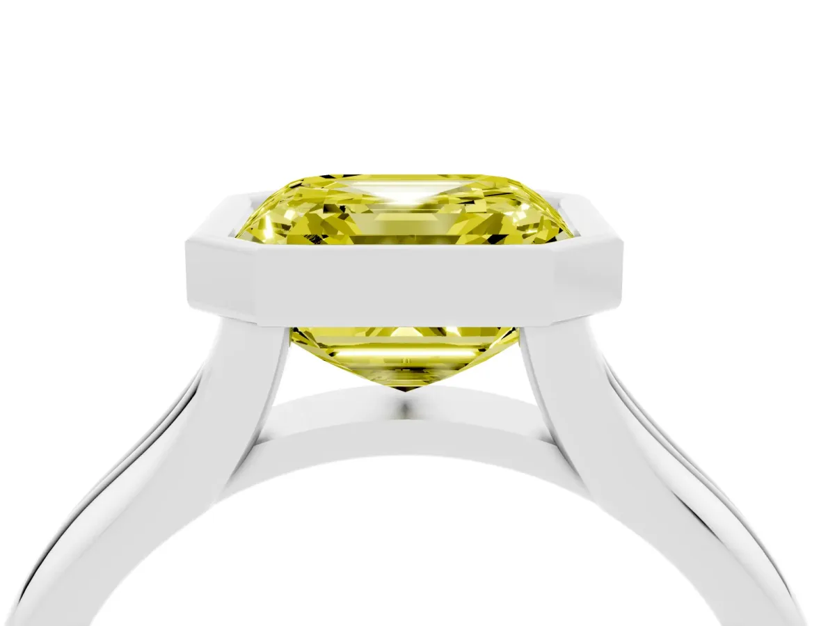 Fancy Yellow Bezel Set Asscher Cut Solitaire Diamond Ring with Smooth Band Silver