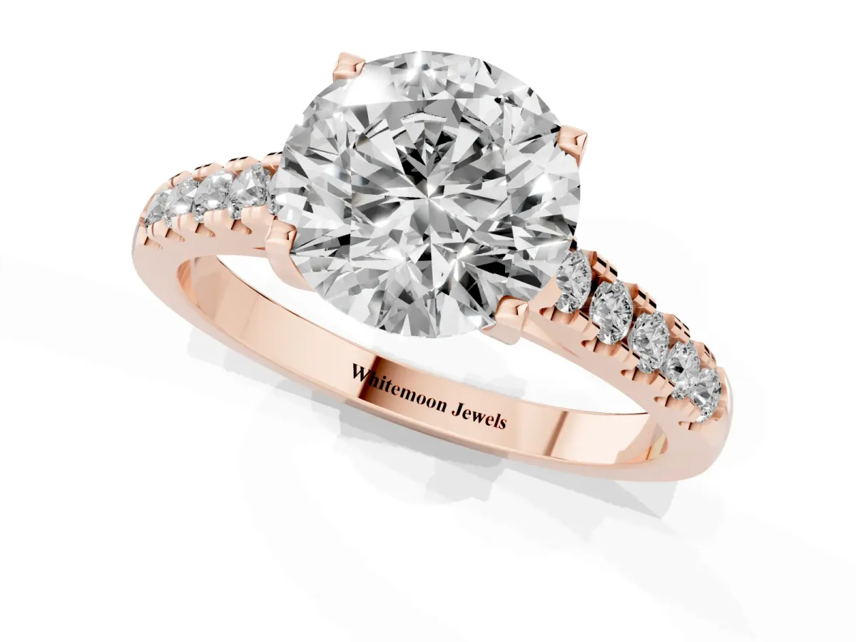 Round Cut Diamond Pavé Band Solitaire Ring with Prong Setting Rose gold