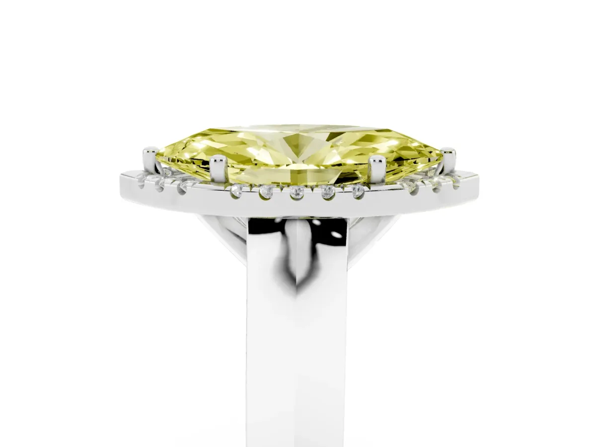 Fancy Yellow Marquise Cut Halo Diamond Ring with Cathedral Band and Four-Prong Setting White gold
