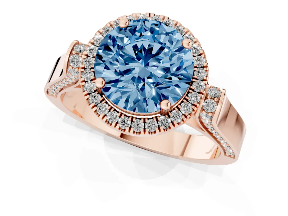 Fancy Blue Round Cut Halo Pave Split Shank Prong Setting Ring Rose gold