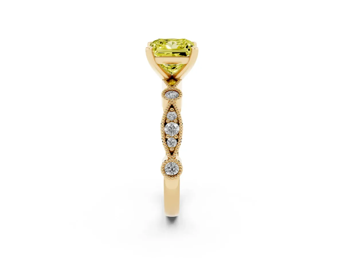 Fancy Yellow Princess Cut Milgrain Bezel Diamond Engagement Ring with Solitaire Prong Setting Yellow gold