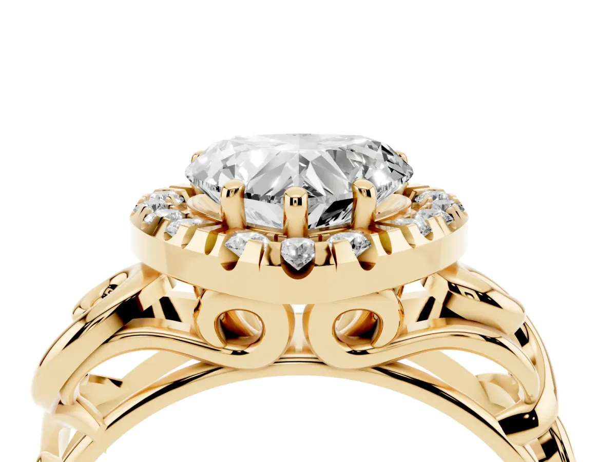 Heart Cut Cut Halo Diamond Ring with Scrollwork Band and Four-Prong Setting Yellow gold
