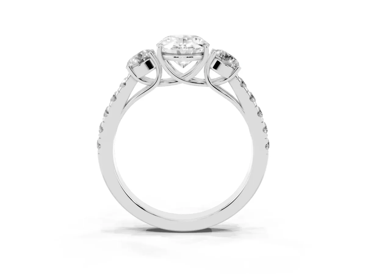 Oval Cut Cut Diamond Three-Stone Ring with Round Side Stones and Pavé Band Silver