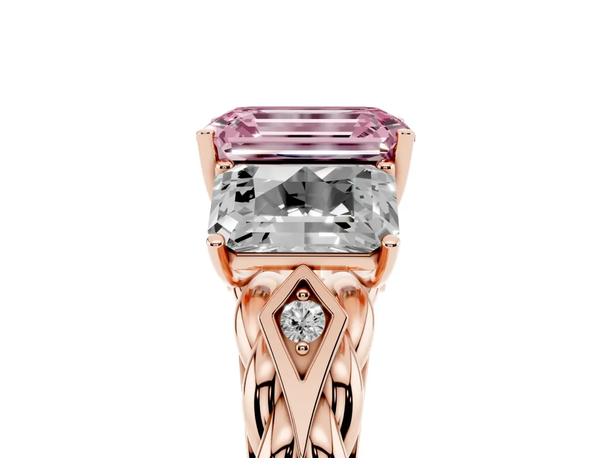 Fancy Pink Three-Stone Radiant Cut Diamond Braided Band Ring with Four-Prong Setting Rose gold