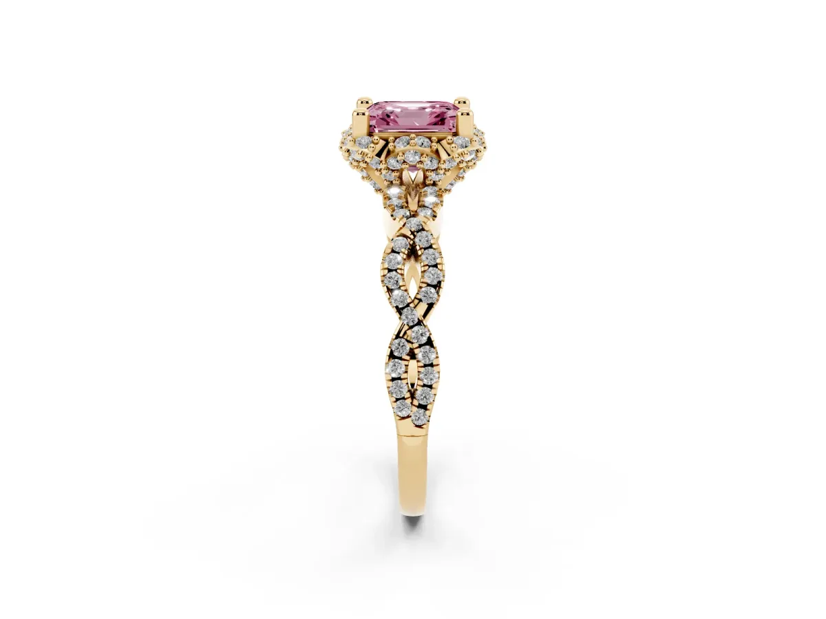 Fancy Pink Asscher Cut Halo Twist Band Solitaire Ring with Six-Prong Setting Yellow gold