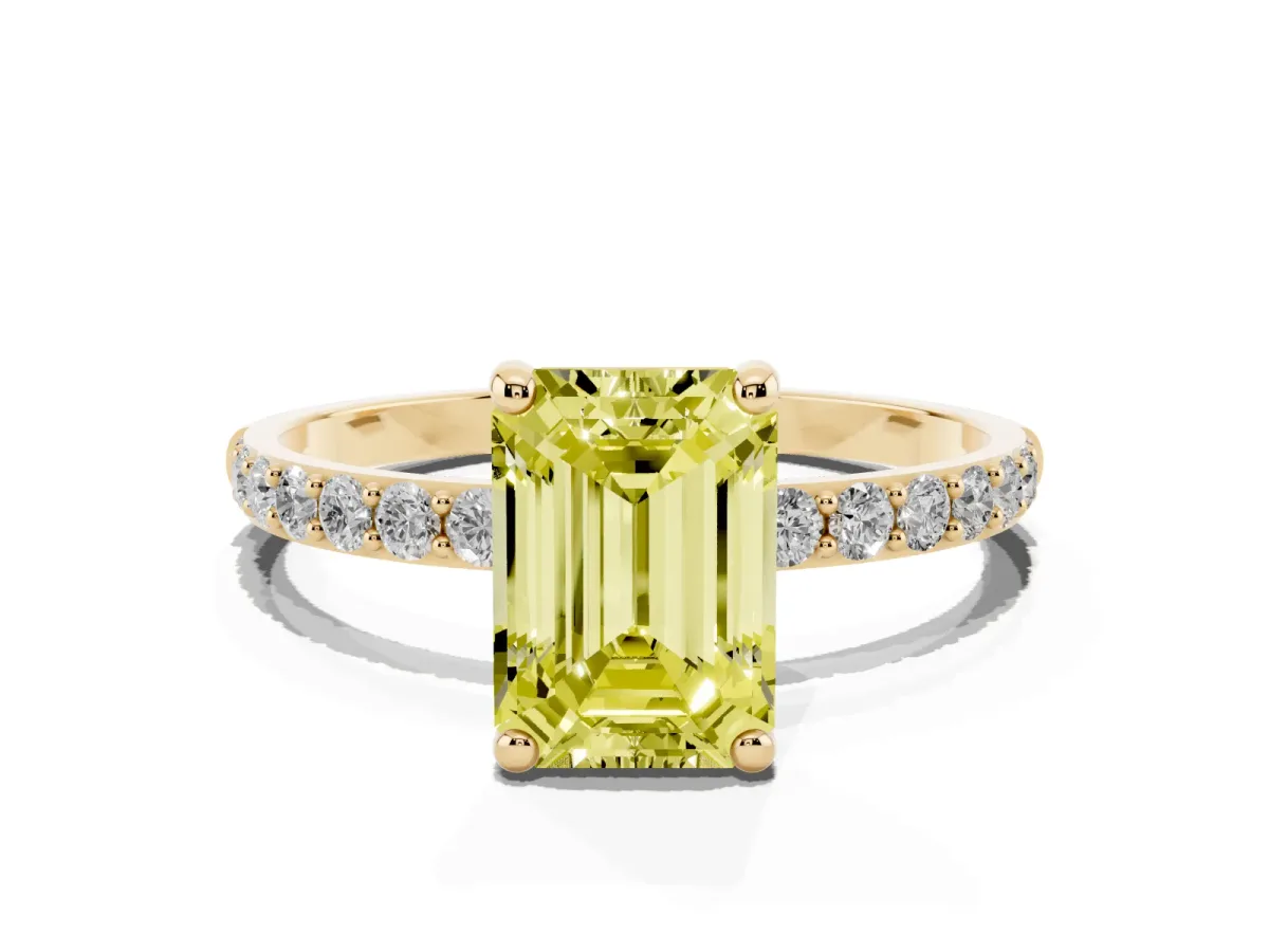 Fancy Yellow Emerald Cut Diamond Solitaire Ring with Round Pavé Band and Prong Setting Yellow gold