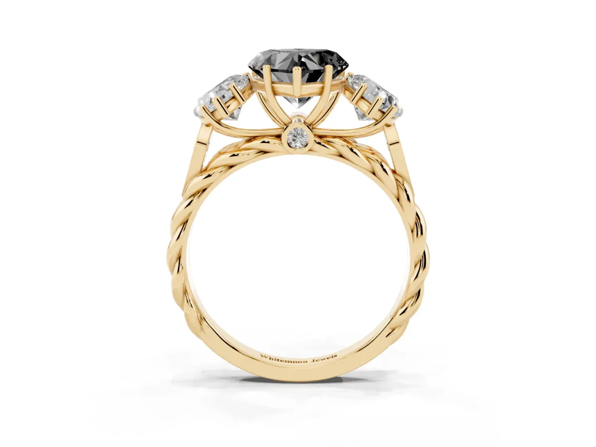 Fancy Black Three-Stone Heart Cut Diamond Braided Band Ring with Four-Prong Setting Yellow gold