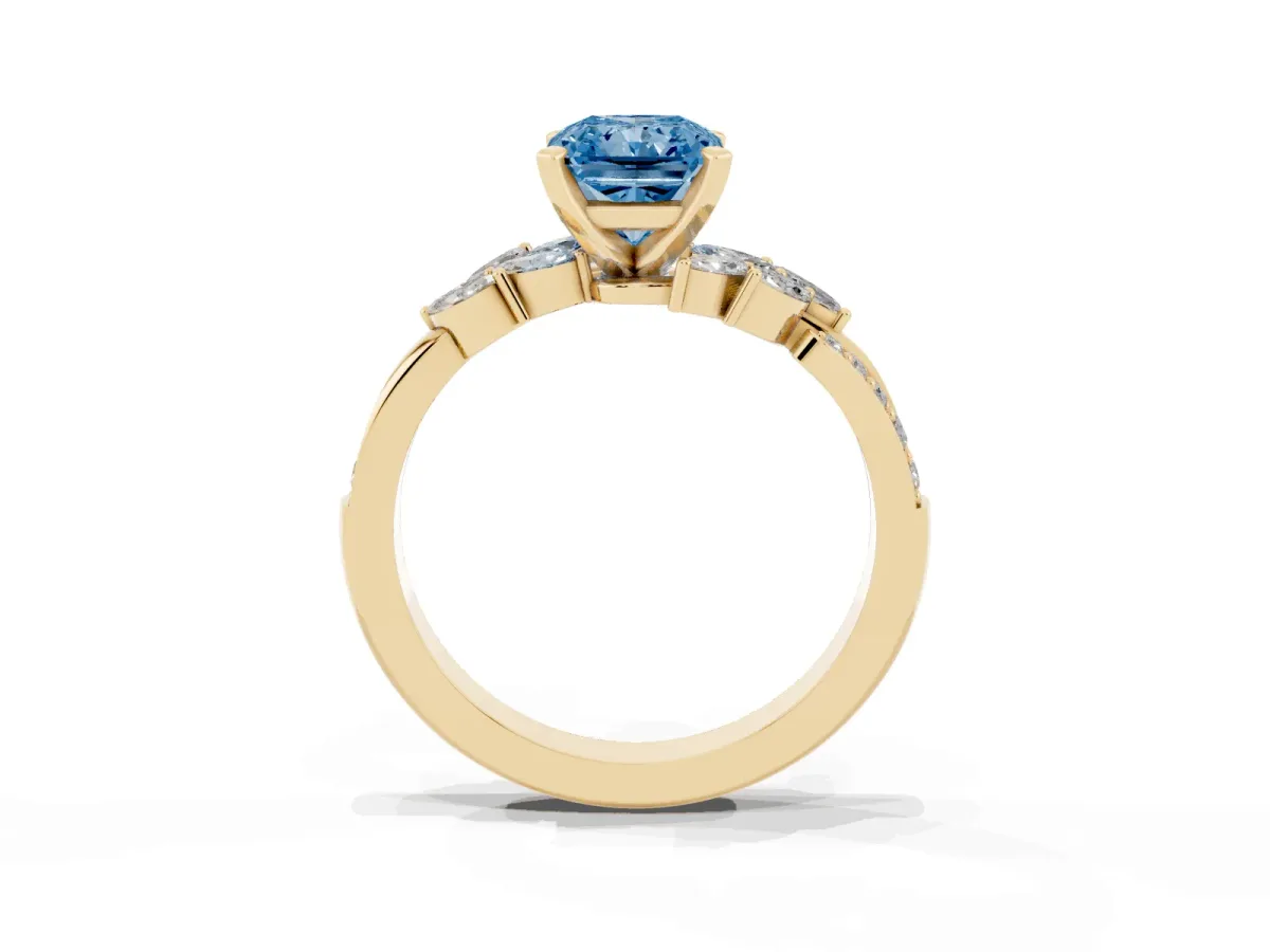 Fancy Blue Radiant Cut Solitaire Marquise Twist Band with Six-Prong Setting Yellow gold