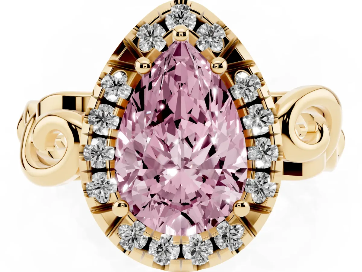 Fancy Pink Pear Cut Cut Halo Diamond Ring with Scrollwork Band and Four-Prong Setting Yellow gold