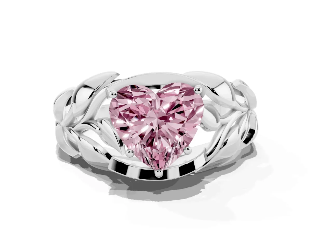 Fancy Pink Heart Cut Diamond Leaf-Inspired Engagement Ring with Round Accents and Prong Setting White gold
