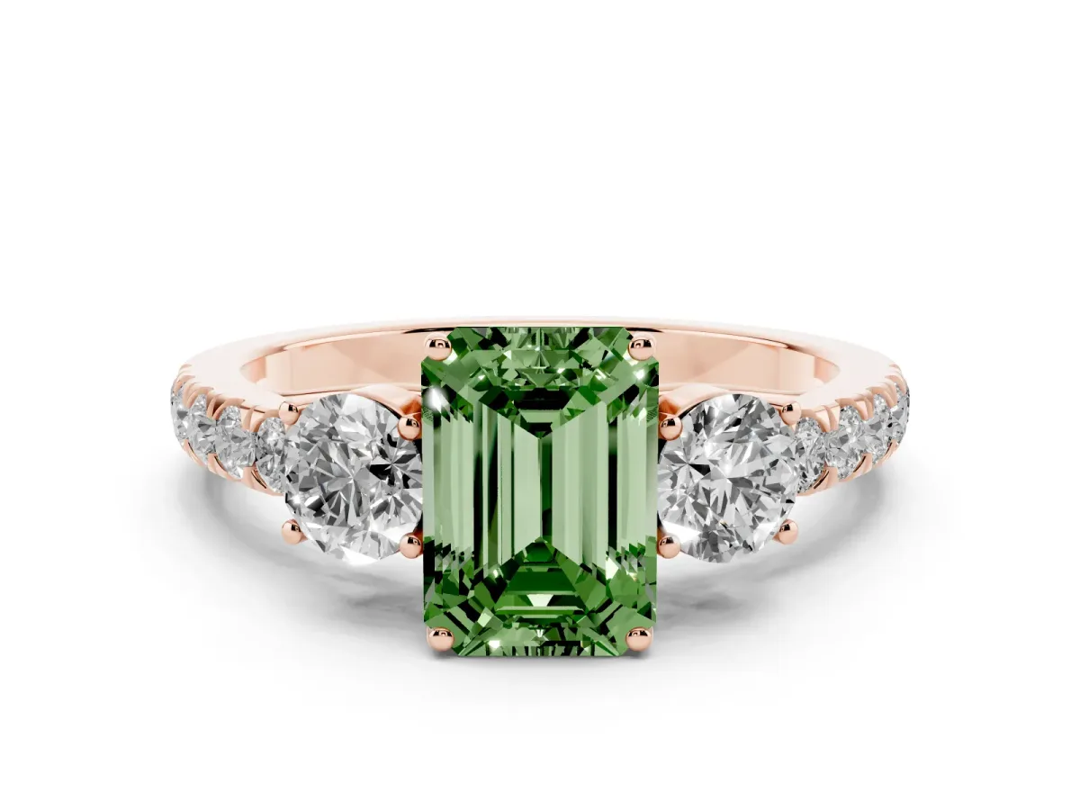 Fancy Green Emerald Cut Cut Diamond Three-Stone Ring with Round Side Stones and Pavé Band Rose gold