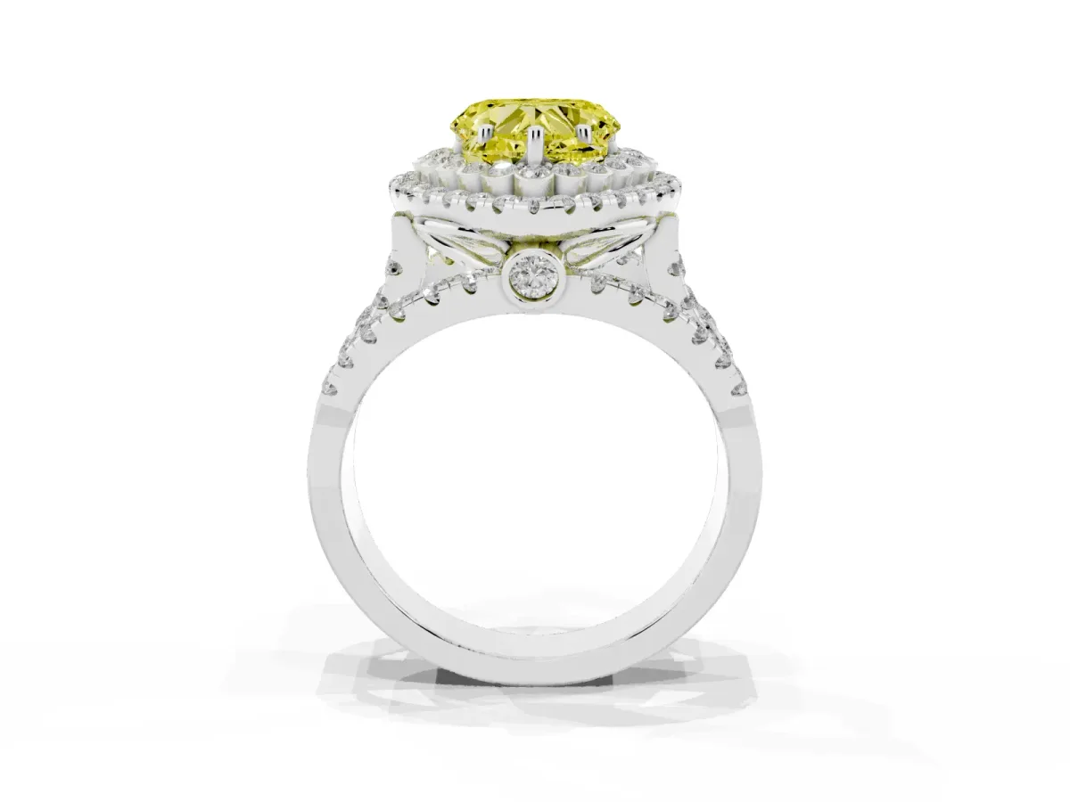 Fancy Yellow Heart Cut Diamond Double Halo Ring with Round Pavé Split Shank and Prong Setting Silver