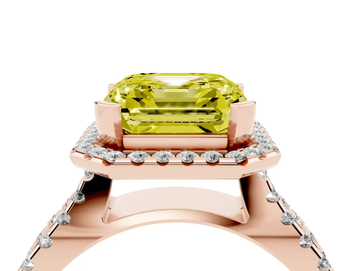 Fancy Yellow Asscher Cut Diamond Halo Ring with Split Shank Pavé Band and Prong Setting Rose gold