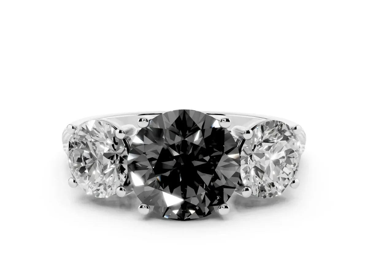 Fancy Black Three-Stone Round Cut Diamond Ring with Round Pavé Band and Prong Setting Silver