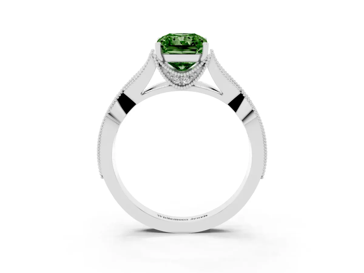 Fancy Green Radiant Cut Cut Diamond Twisted Band with Milgrain Pave Setting and Four-Prong Setting Platinum