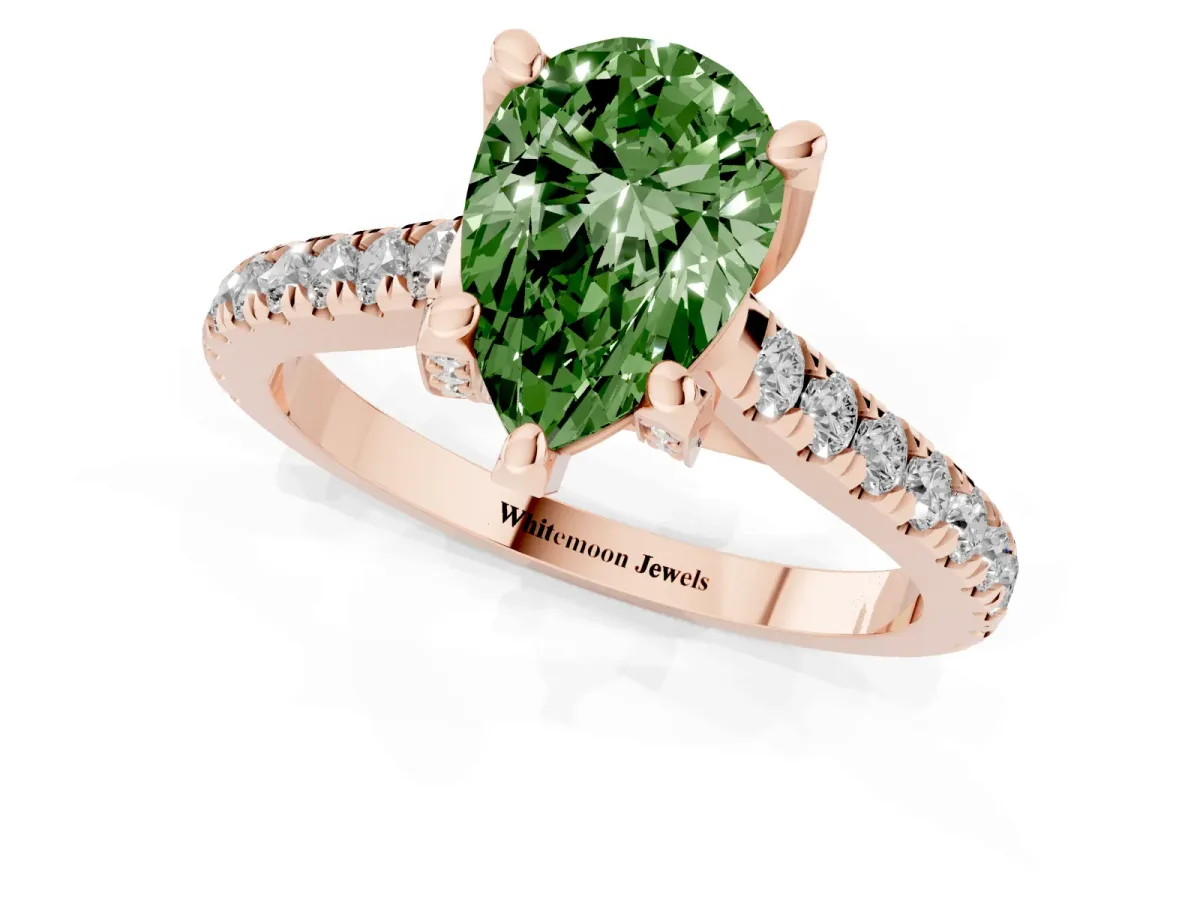 Fancy Green Pear Cut Brilliant Diamond Solitaire with Pavé Band and Four-Prong Setting Rose gold