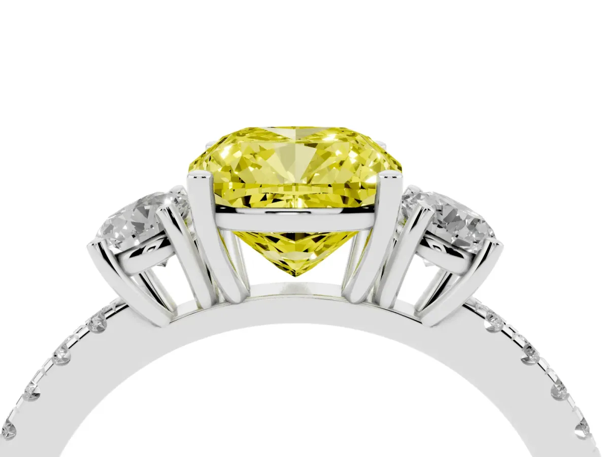 Fancy Yellow Three-Stone Cushion Cut Cut Diamond Pavé Band with Prong Setting Silver