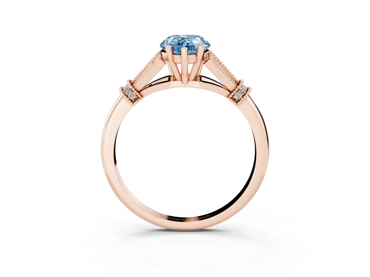 Fancy Blue Pear Cut Diamond Solitaire Ring with Floral Filigree and Pave Accents Rose gold