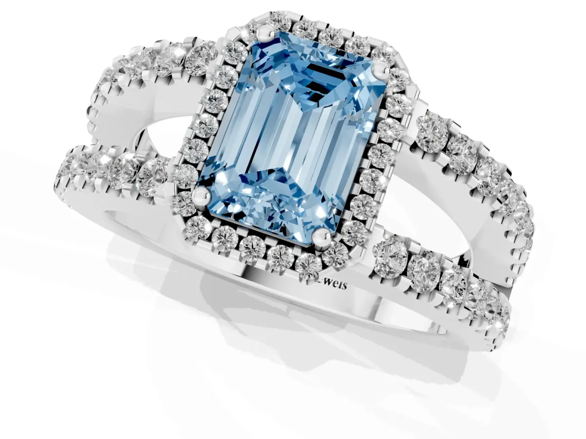 Fancy Blue Emerald Cut Cut Halo Split Shank Diamond Ring with Four-Prong Setting Silver