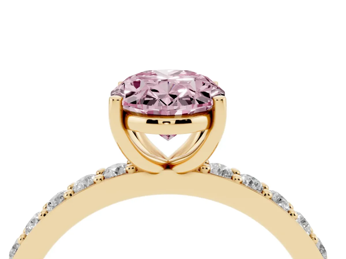 Fancy Pink Oval Cut Cut Diamond Solitaire with Pave Band and Four-Prong Setting Yellow gold