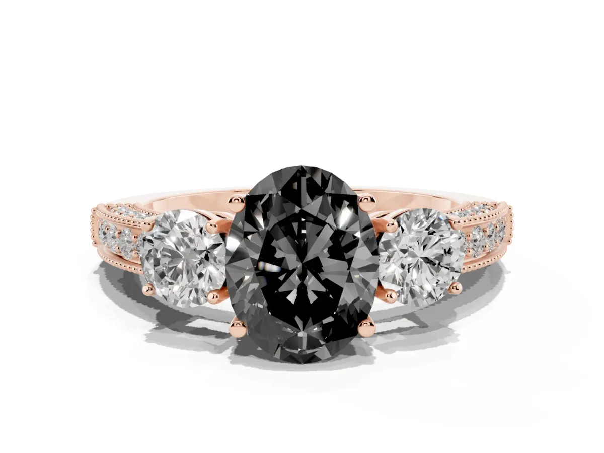 Fancy Black Oval Cut Three-Stone Diamond Ring with Pavé Band and Four-Prong Setting Rose gold