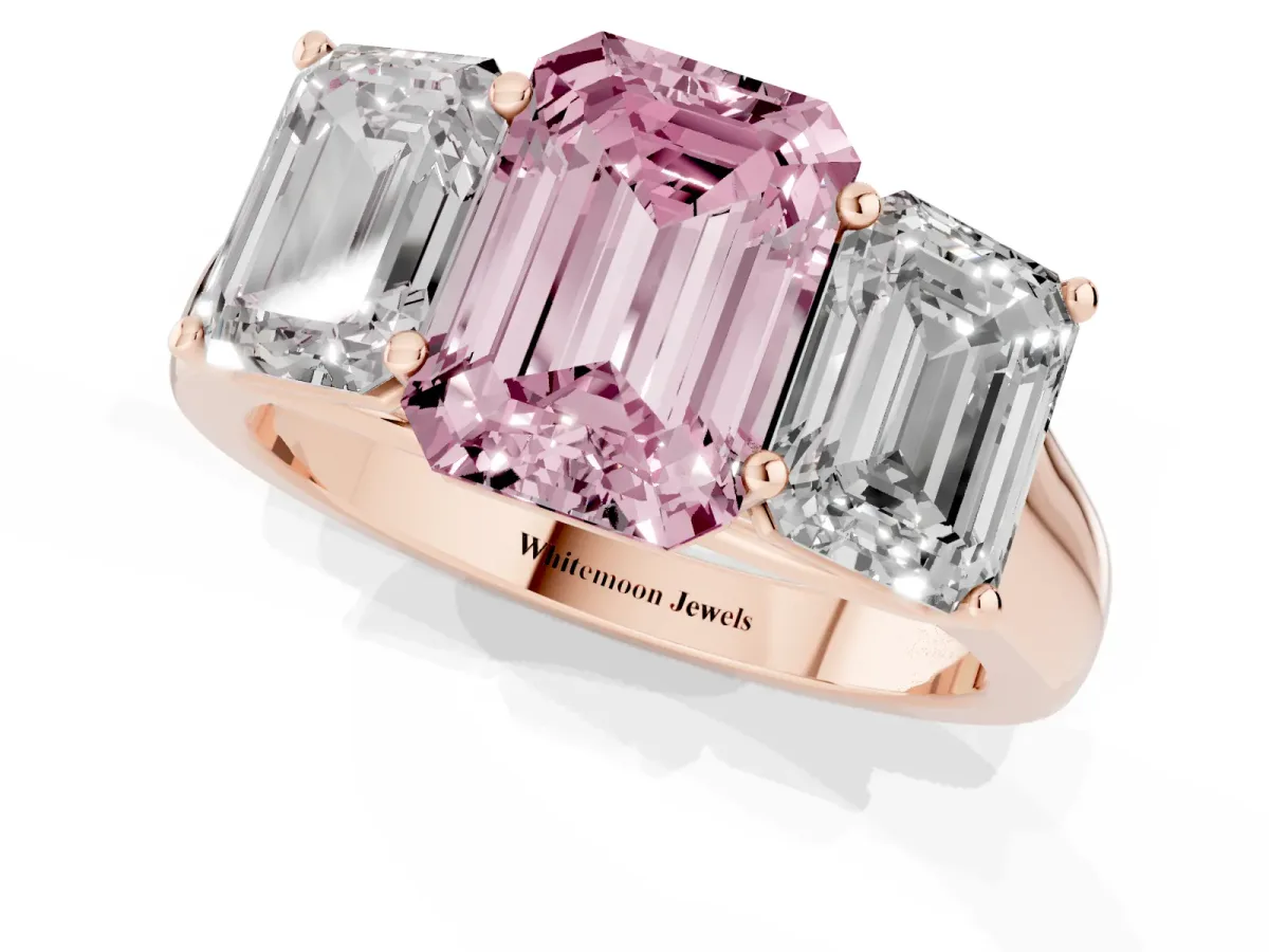 Fancy Pink Emerald Cut Three-Stone Diamond Ring with Prong Setting on a Classic Band Rose gold