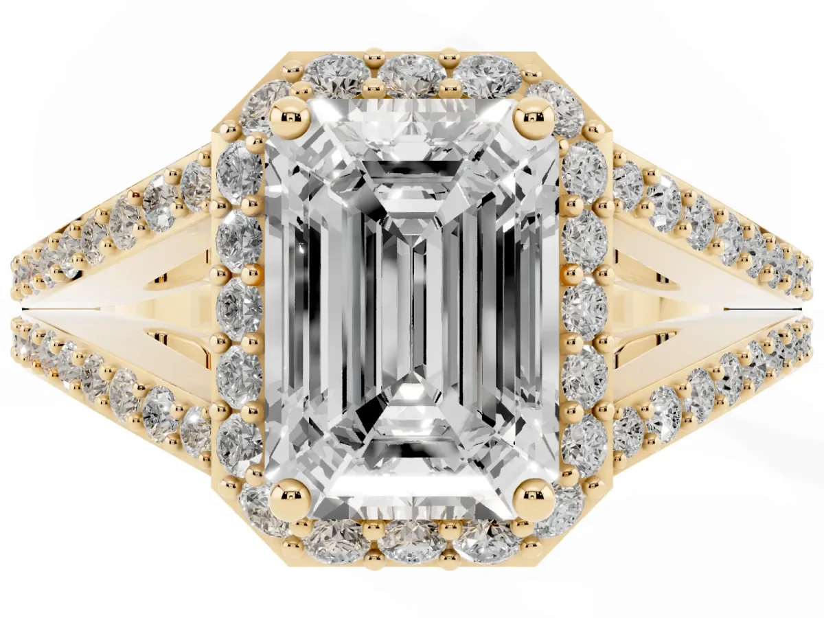 Emerald Cut Halo Split Shank Pave Diamond Ring with Four-Prong Setting Yellow gold
