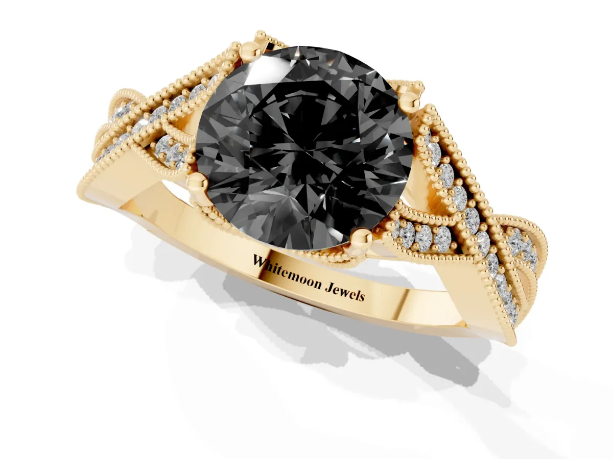 Fancy Black Round Cut Cut Diamond Twisted Band with Milgrain Pave Setting and Four-Prong Setting Yellow gold