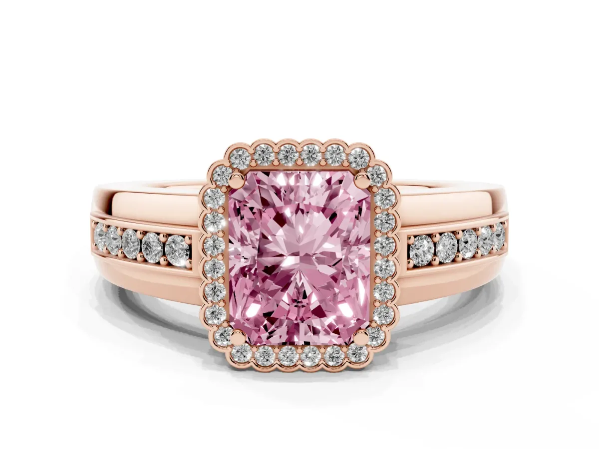 Fancy Pink Radiant Cut Cut Halo Pave Band Four-Prong Ring Rose gold